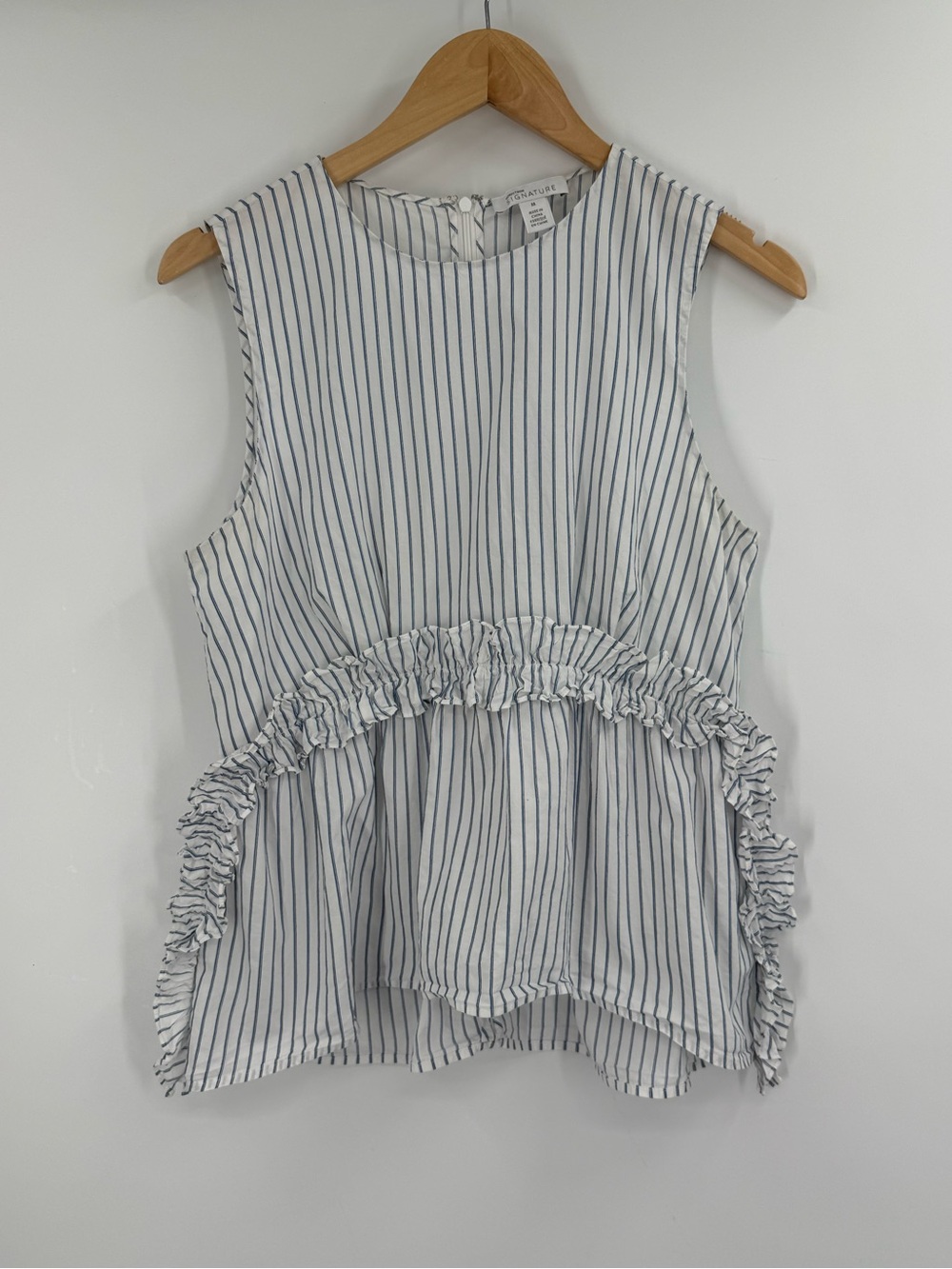 Nordstrom Signature Cotton Striped Ruffle Peplum Sleeveless Top | White Blue | M